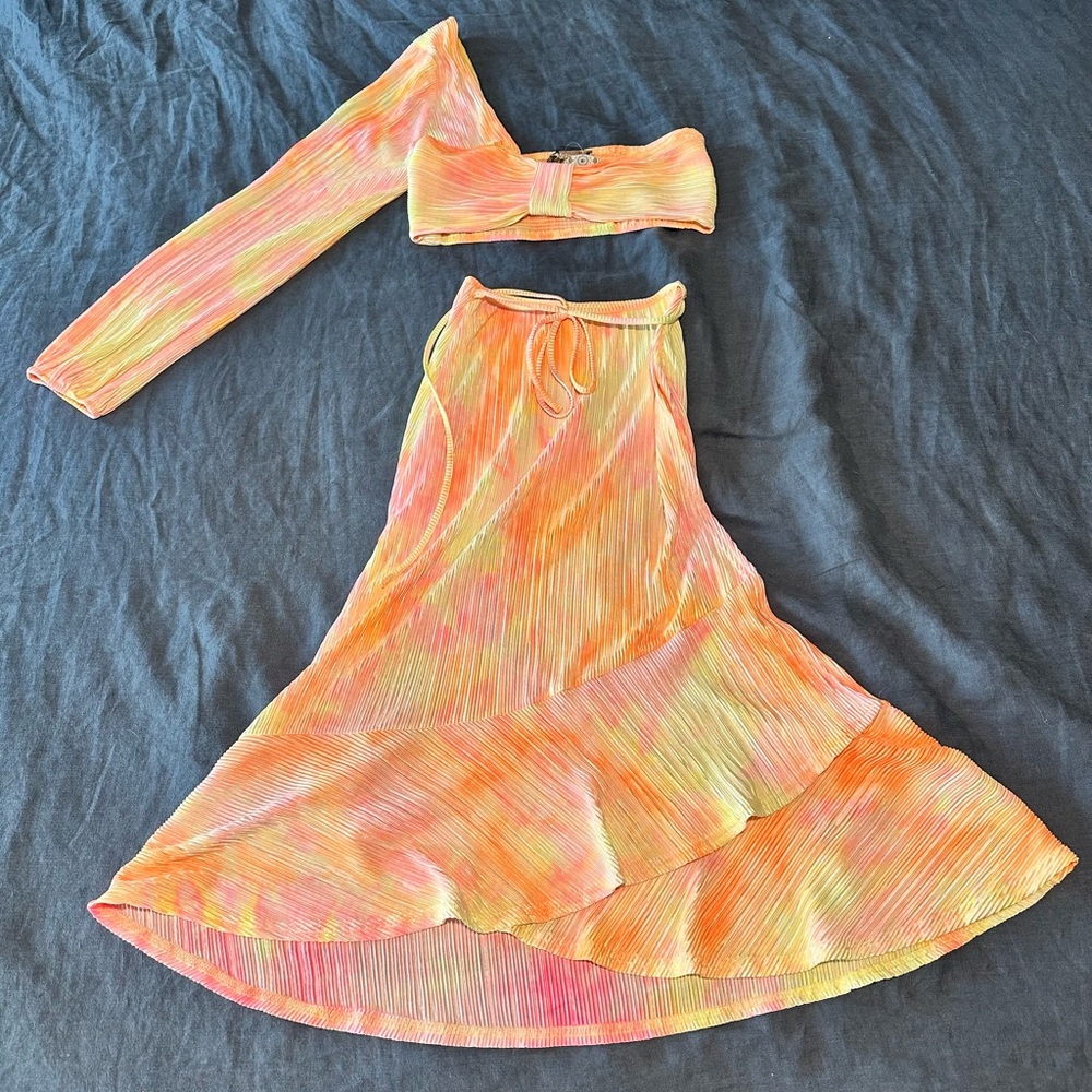 4SI3NNA /Anthropologie Halle Tie-Dye Wrap Midi Skirt and One Sleeve Crop Top NWT